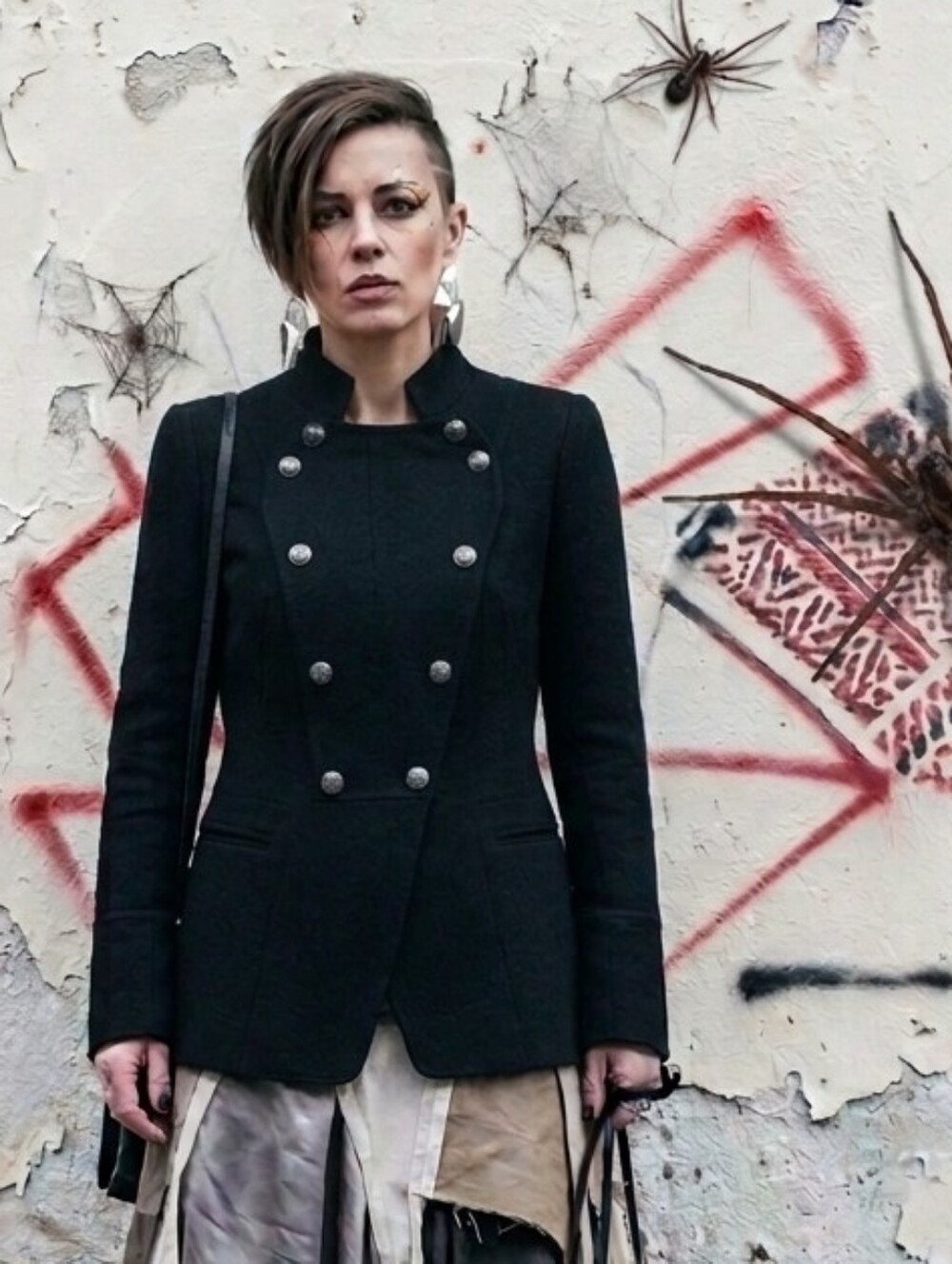 MILITARY STYLE🕷Imported WOOL Black Double-Breasted Blazer Size M SPIDER BUTTONS